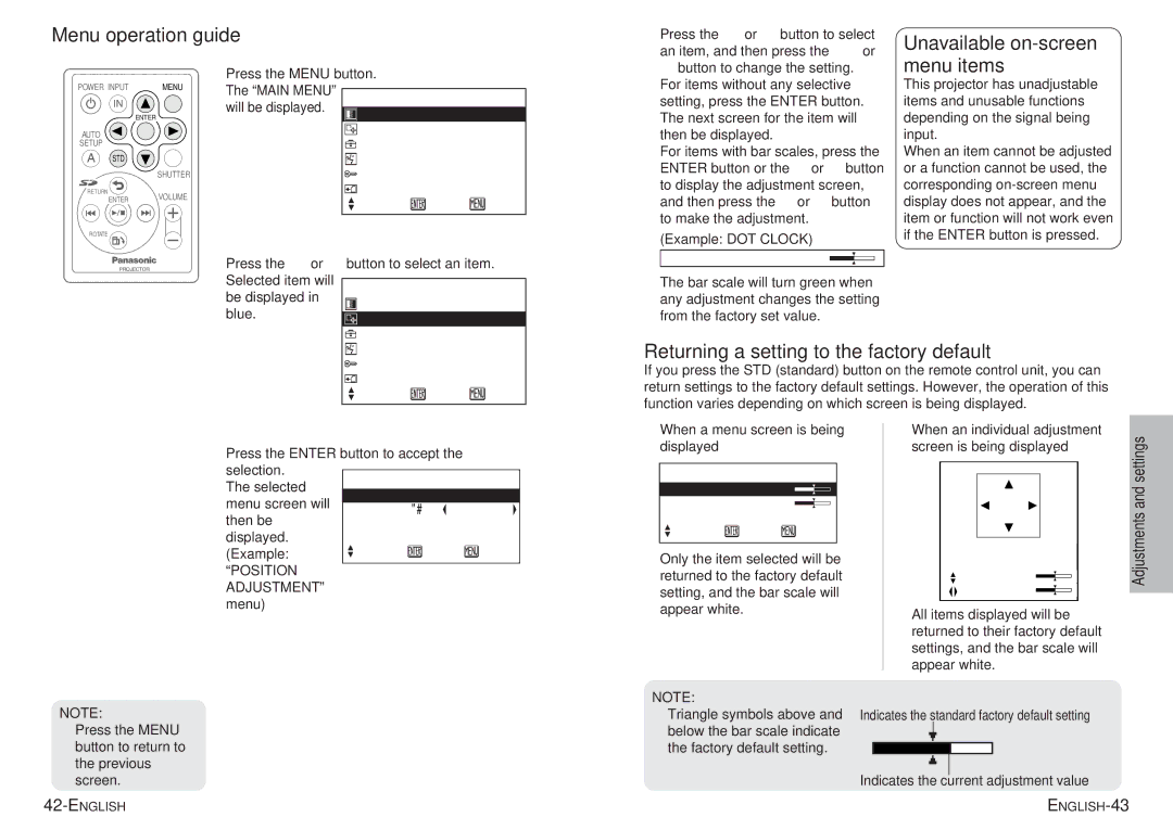 Panasonic PT-P1SDU operating instructions Menu operation guide, Returning a setting to the factory default 