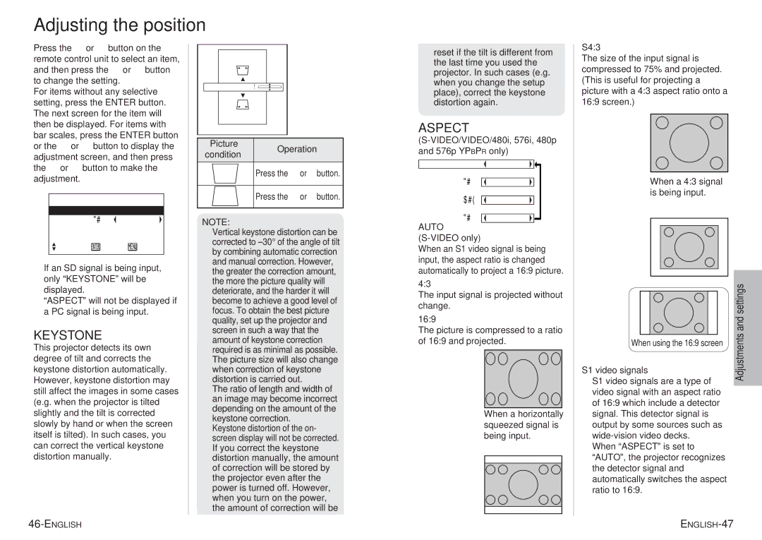 Panasonic PT-P1SDU operating instructions Adjusting the position, Keystone, Aspect, Settings 