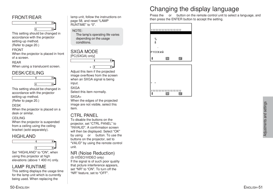 Panasonic PT-P1SDU operating instructions Changing the display language 