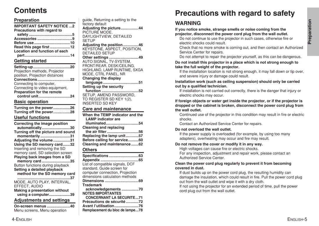 Panasonic PT-P1SDU operating instructions Contents, Precautions with regard to safety 