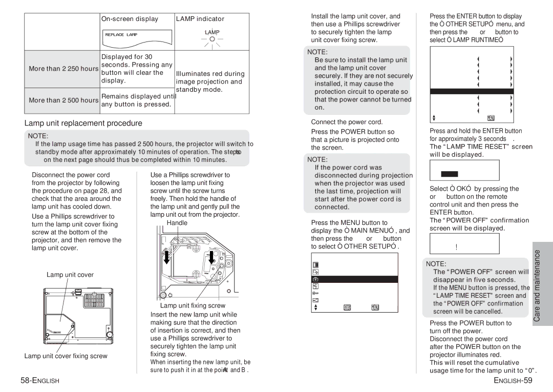 Panasonic PT-P1SDU operating instructions Lamp unit replacement procedure 