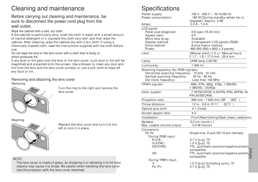 Panasonic PT-P1SDU operating instructions Cleaning and maintenance, Specifications, Removing and attaching the lens cover 