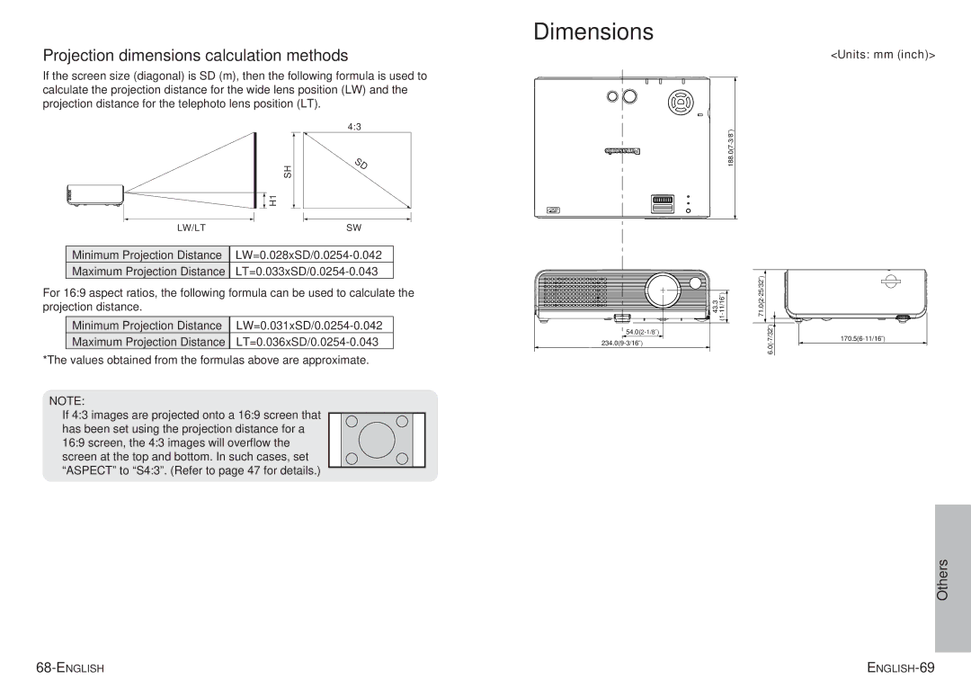 Panasonic PT-P1SDU operating instructions Dimensions, Projection dimensions calculation methods, Units mm inch 