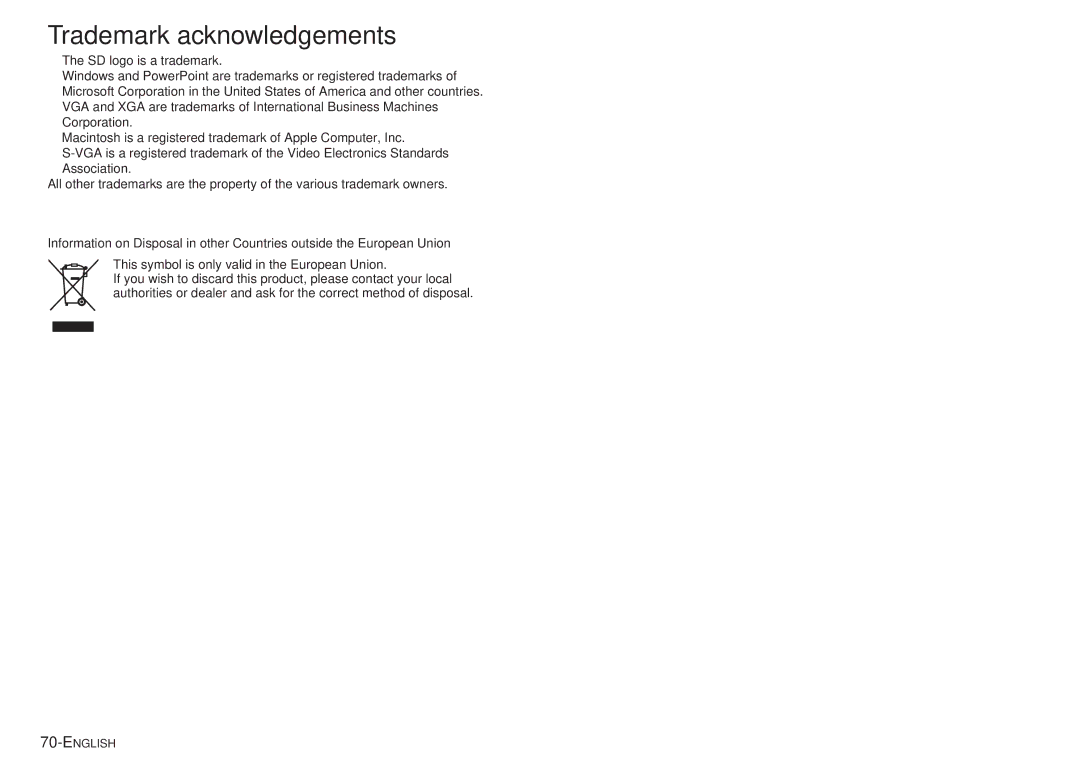 Panasonic PT-P1SDU operating instructions Trademark acknowledgements 