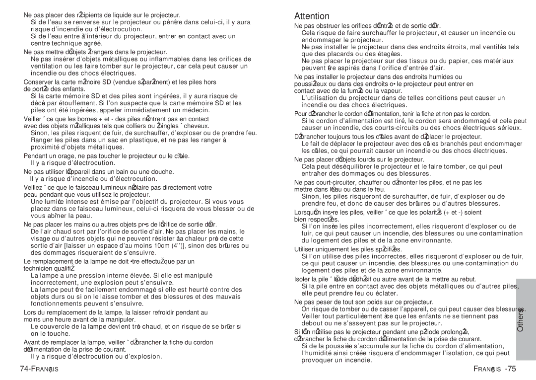 Panasonic PT-P1SDU Ne pas placer des récipients de liquide sur le projecteur, Utiliser uniquement les piles spécifiées 