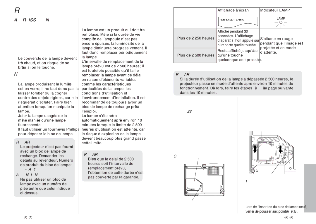 Panasonic PT-P1SDU Remplacement du bloc de lampe, Période de remplacement du bloc de lampe, Remarque, ET-LAP1 