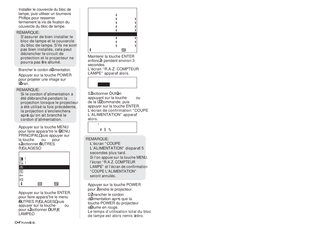 Panasonic PT-P1SDU ’écran R.A.Z. Compteur Lampe apparaît alors, ’écran Coupe L’ALIMENTATION disparaît 5 secondes plus tard 