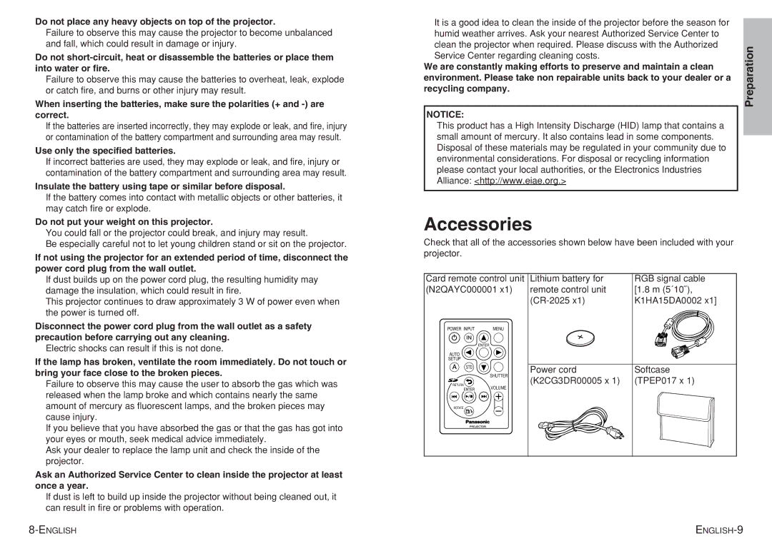 Panasonic PT-P1SDU Accessories, Do not place any heavy objects on top of the projector, Use only the specified batteries 