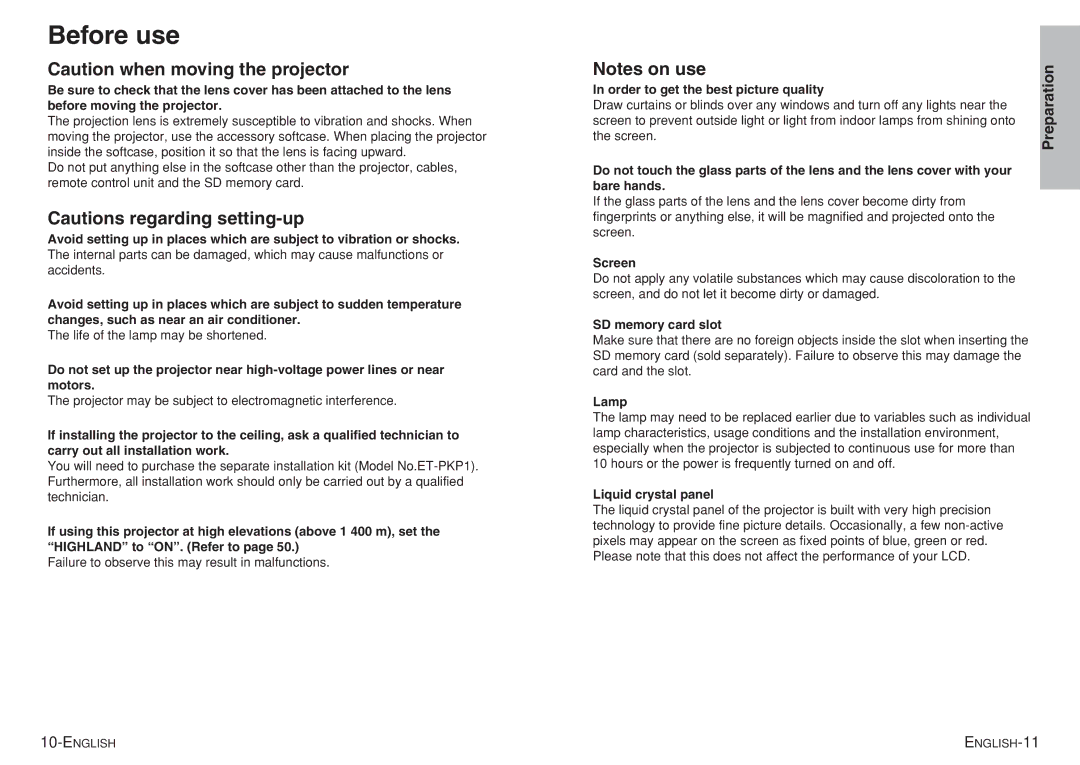 Panasonic PT-P1SDU operating instructions Before use 