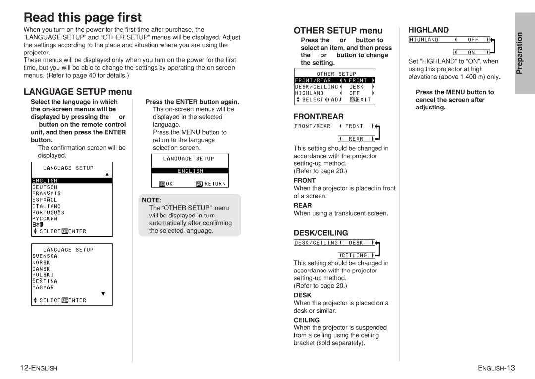 Panasonic PT-P1SDU operating instructions Read this page first, Other Setup menu, Language Setup menu 