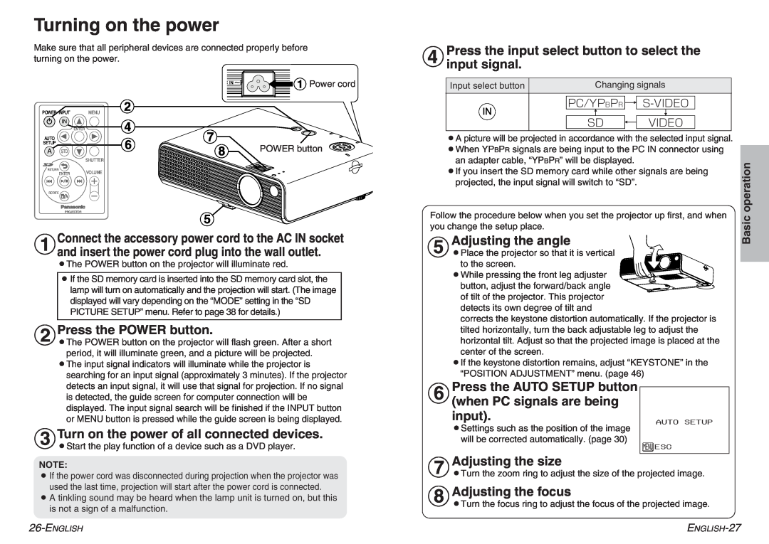 Panasonic PT-P1SDU Turning on the power, $Press the POWER button, Press the input select button to select the input signal 