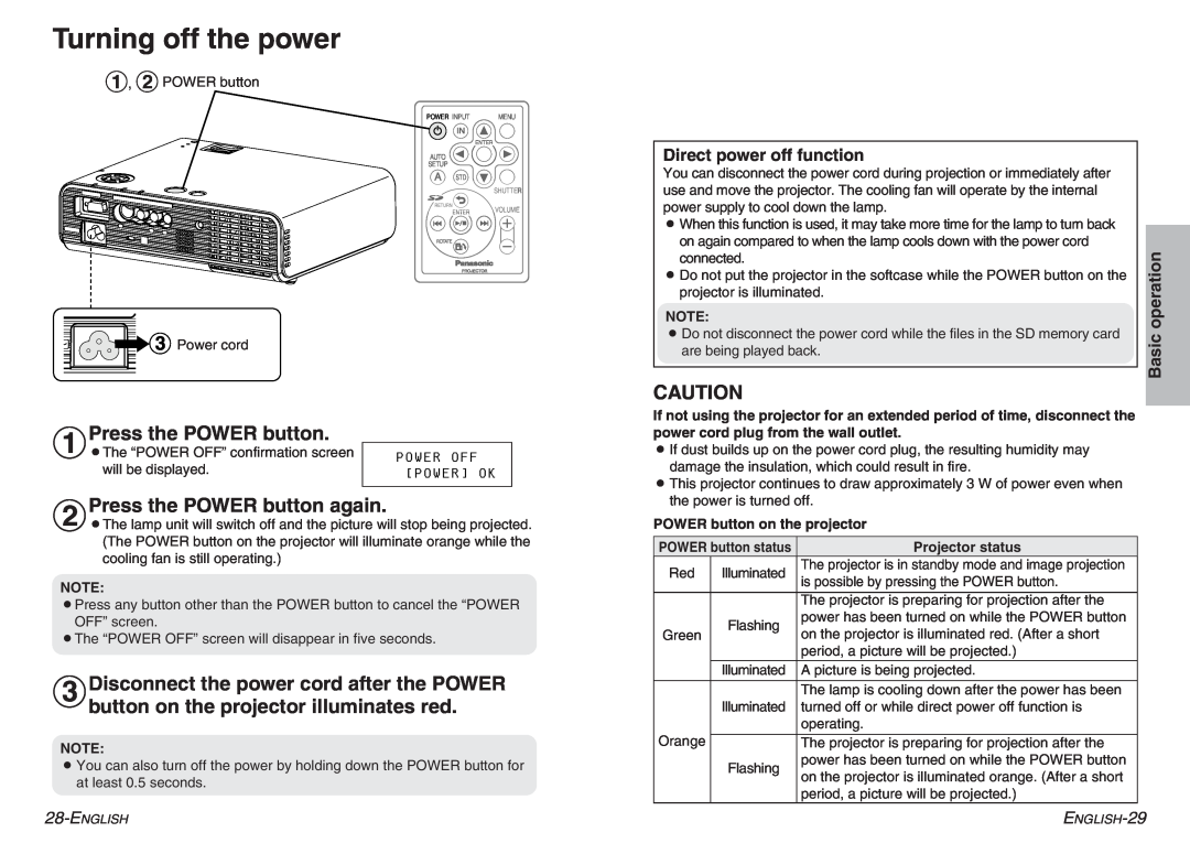 Panasonic PT-P1SDU Turning off the power, #Press the POWER button, $Press the POWER button again, Basic operation 
