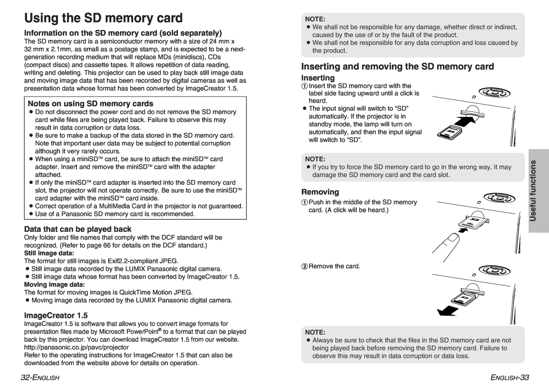Panasonic PT-P1SDU Using the SD memory card, Inserting and removing the SD memory card, Notes on using SD memory cards 