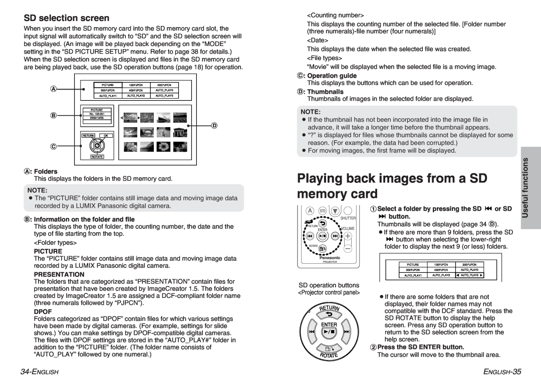 Panasonic PT-P1SDU operating instructions Playing back images from a SD, memory card, SD selection screen, Useful 