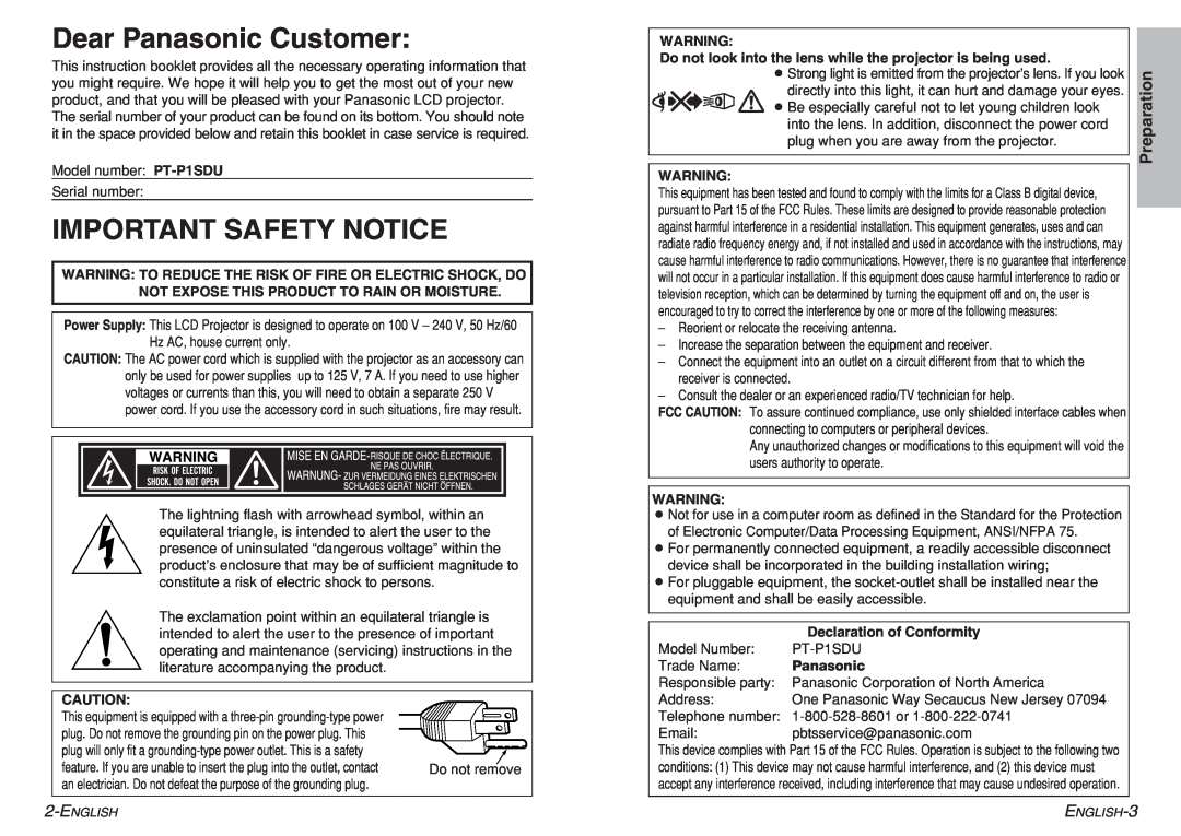Panasonic PT-P1SDU operating instructions Dear Panasonic Customer, Important Safety Notice, Preparation 