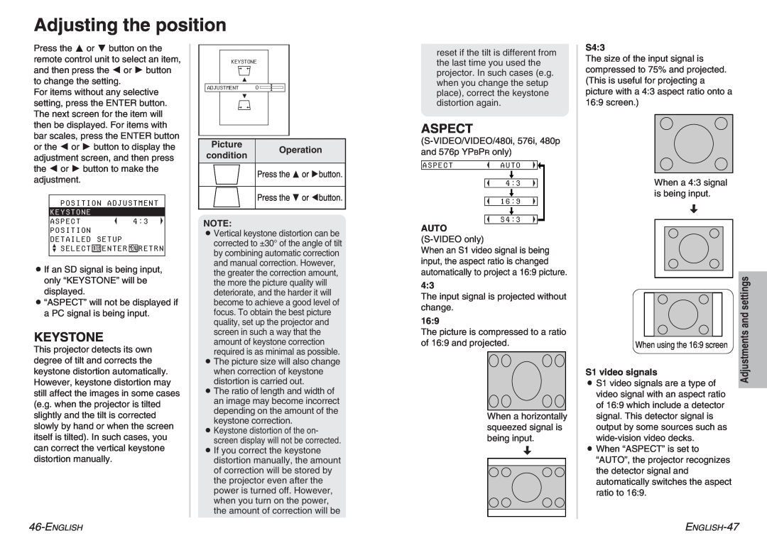 Panasonic PT-P1SDU operating instructions Adjusting the position, Keystone, Aspect, and settings 