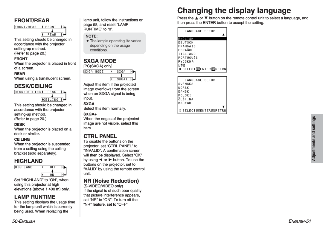 Panasonic PT-P1SDU Changing the display language, Front/Rear, Desk/Ceiling, Highland, Lamp Runtime, Sxga Mode, Ctrl Panel 