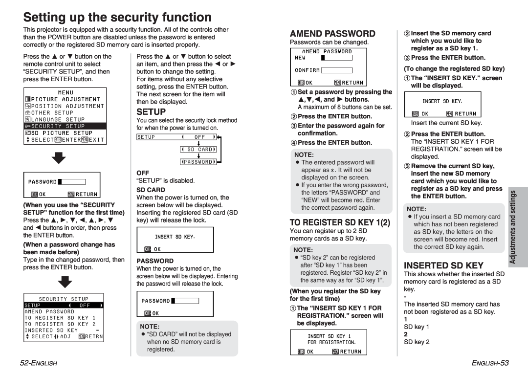 Panasonic PT-P1SDU Setting up the security function, Amend Password, Setup, Inserted Sd Key, To Register Sd Key 