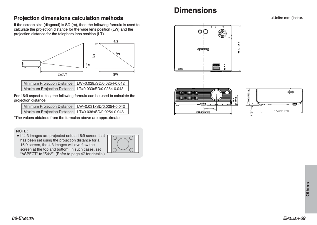 Panasonic PT-P1SDU operating instructions Dimensions, Projection dimensions calculation methods, Others 