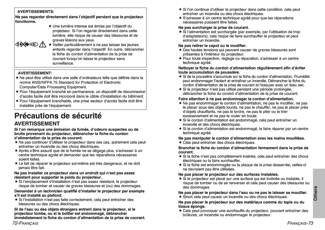Panasonic PT-P1SDU operating instructions Précautions de sécurité, Avertissement, Others 