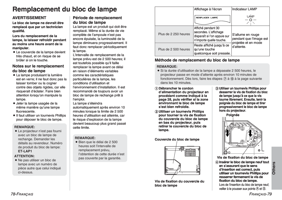 Panasonic PT-P1SDU Remplacement du bloc de lampe, Avertissement, Notes sur le remplacement du bloc de lampe, Others 