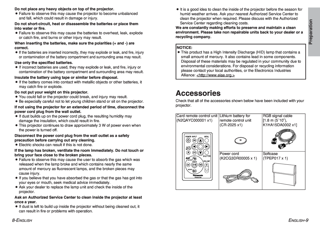 Panasonic PT-P1SDU operating instructions Accessories 
