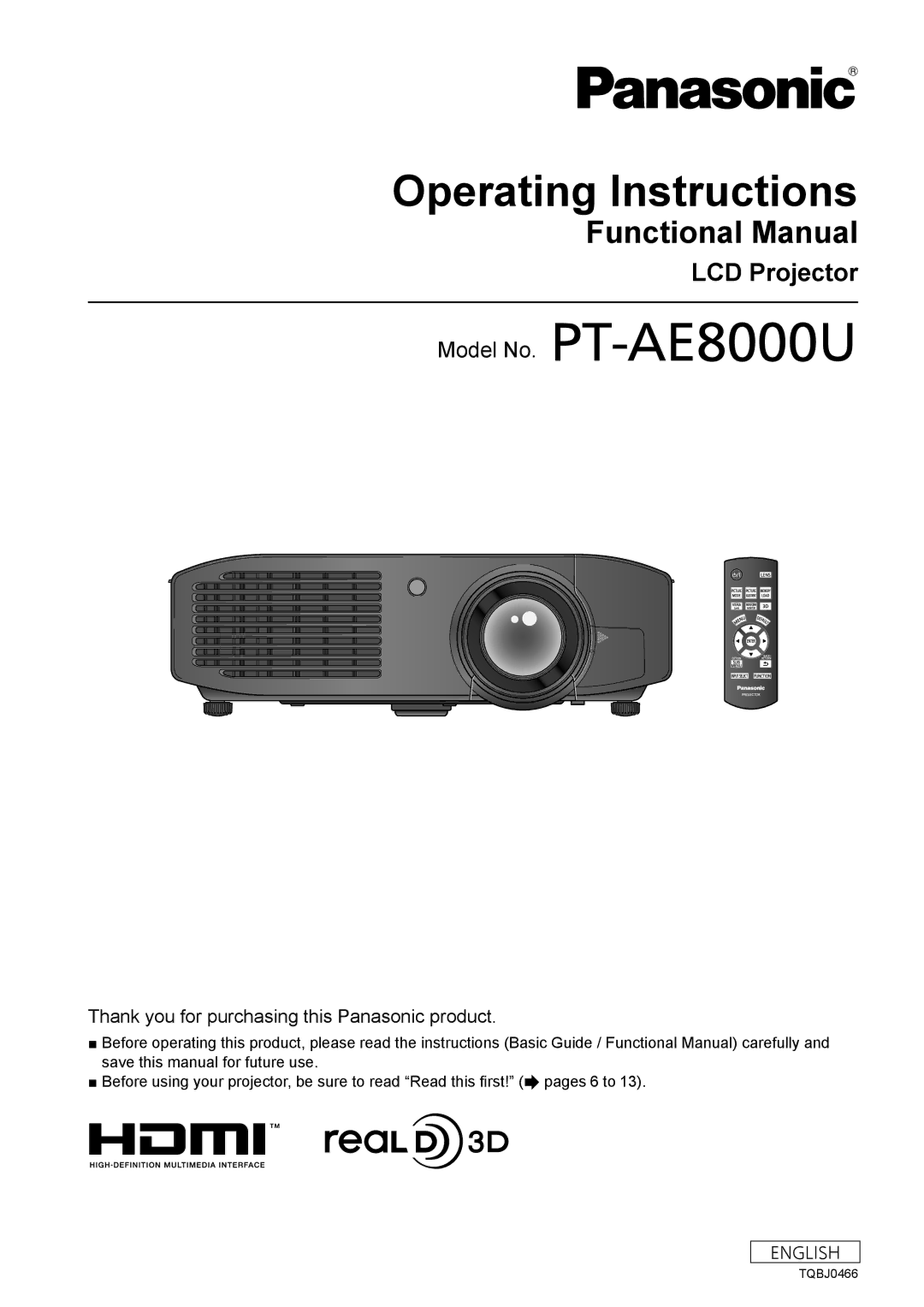 Panasonic PT-AE8000U, PTAE8000U manual Operating Instructions 