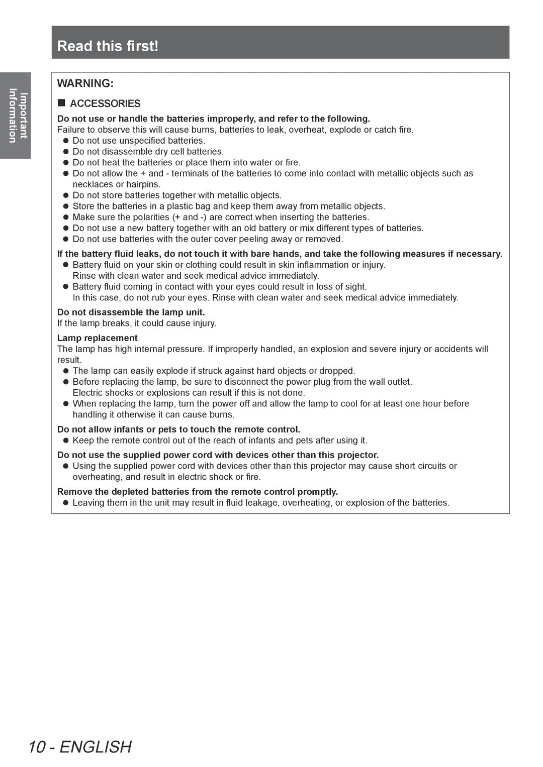 Panasonic PTAE8000U manual Do not disassemble the lamp unit, If the lamp breaks, it could cause injury, Lamp replacement 