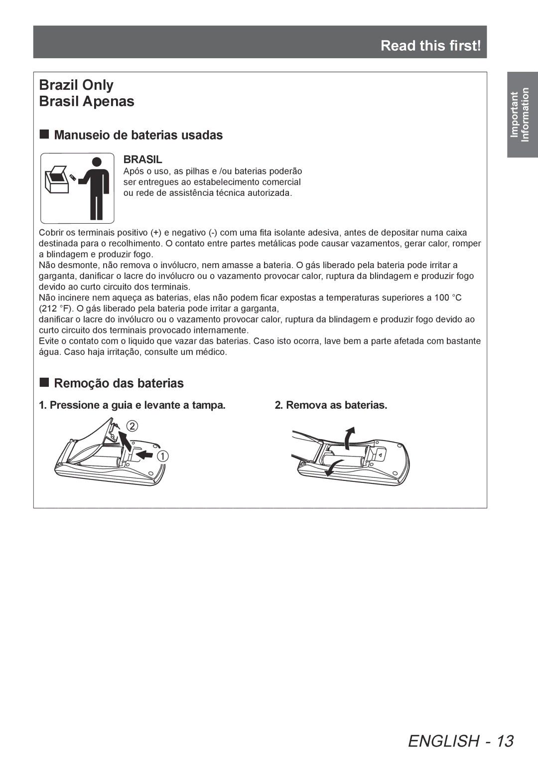 Panasonic PT-AE8000U, PTAE8000U manual Brasil, Pressione a guia e levante a tampa, Remova as baterias 