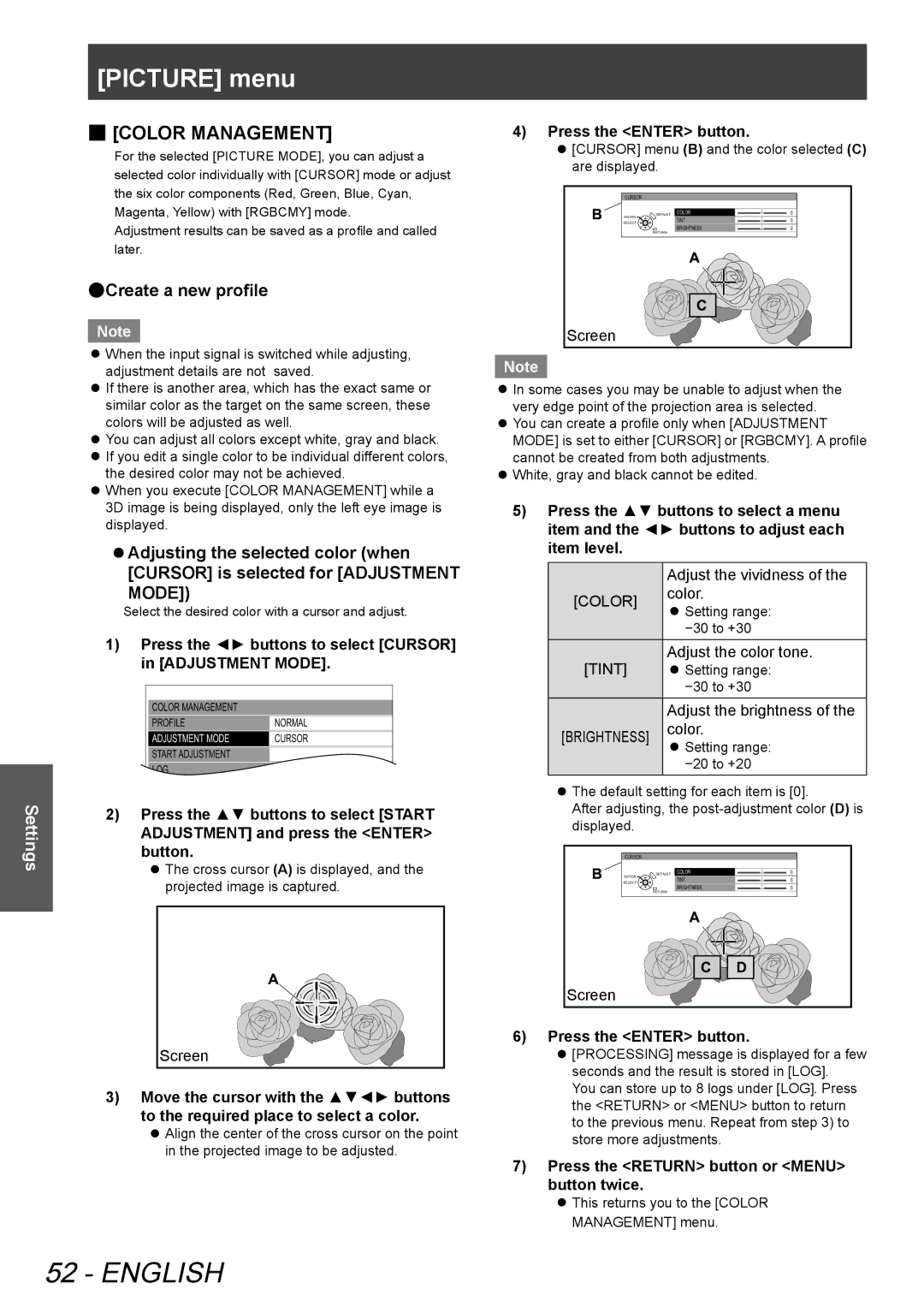 Panasonic PTAE8000U, PT-AE8000U manual Color Management, Create a new profile, Press the Enter button 