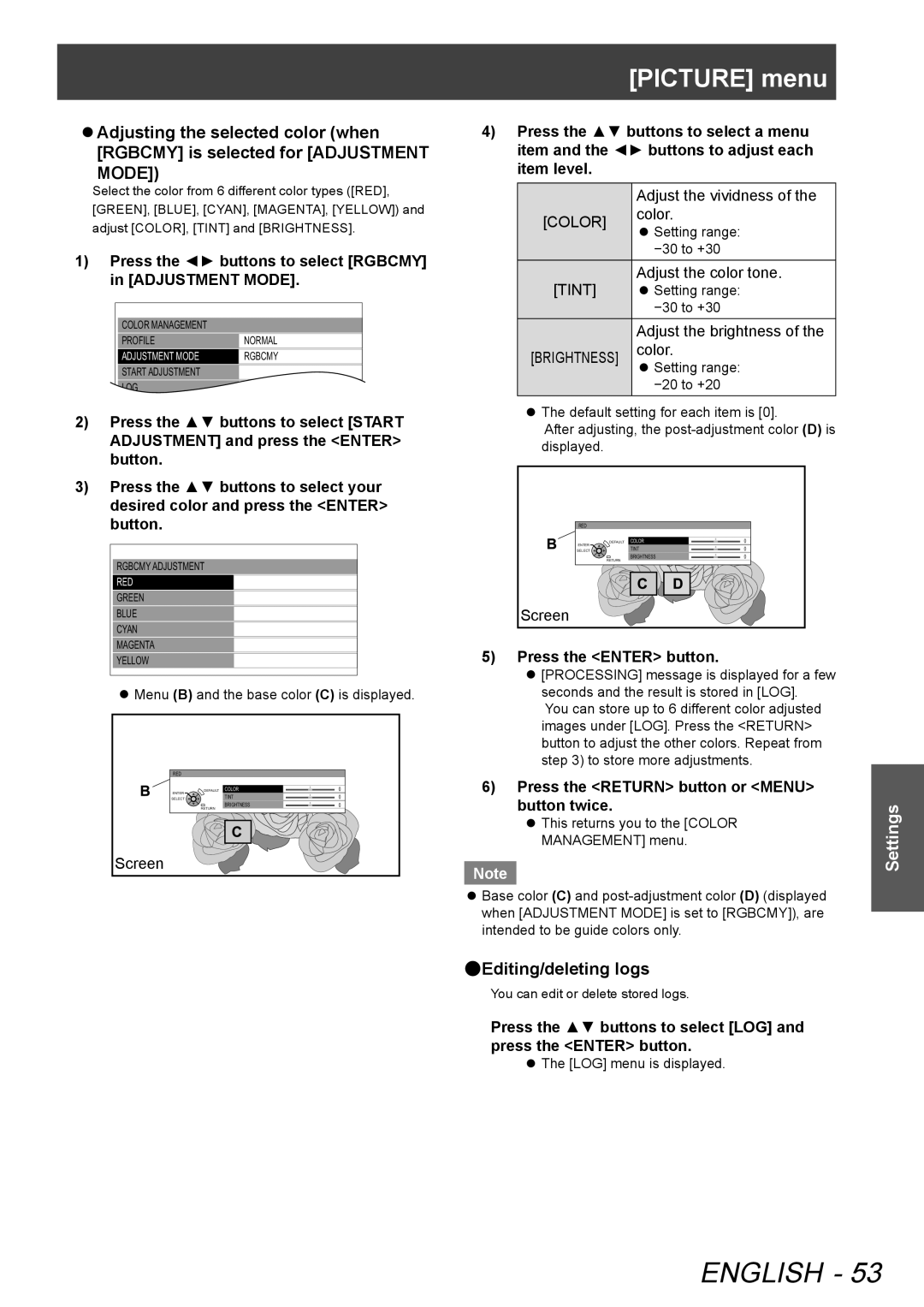 Panasonic PT-AE8000U, PTAE8000U manual Editing/deleting logs, Press the buttons to select LOG and press the Enter button 