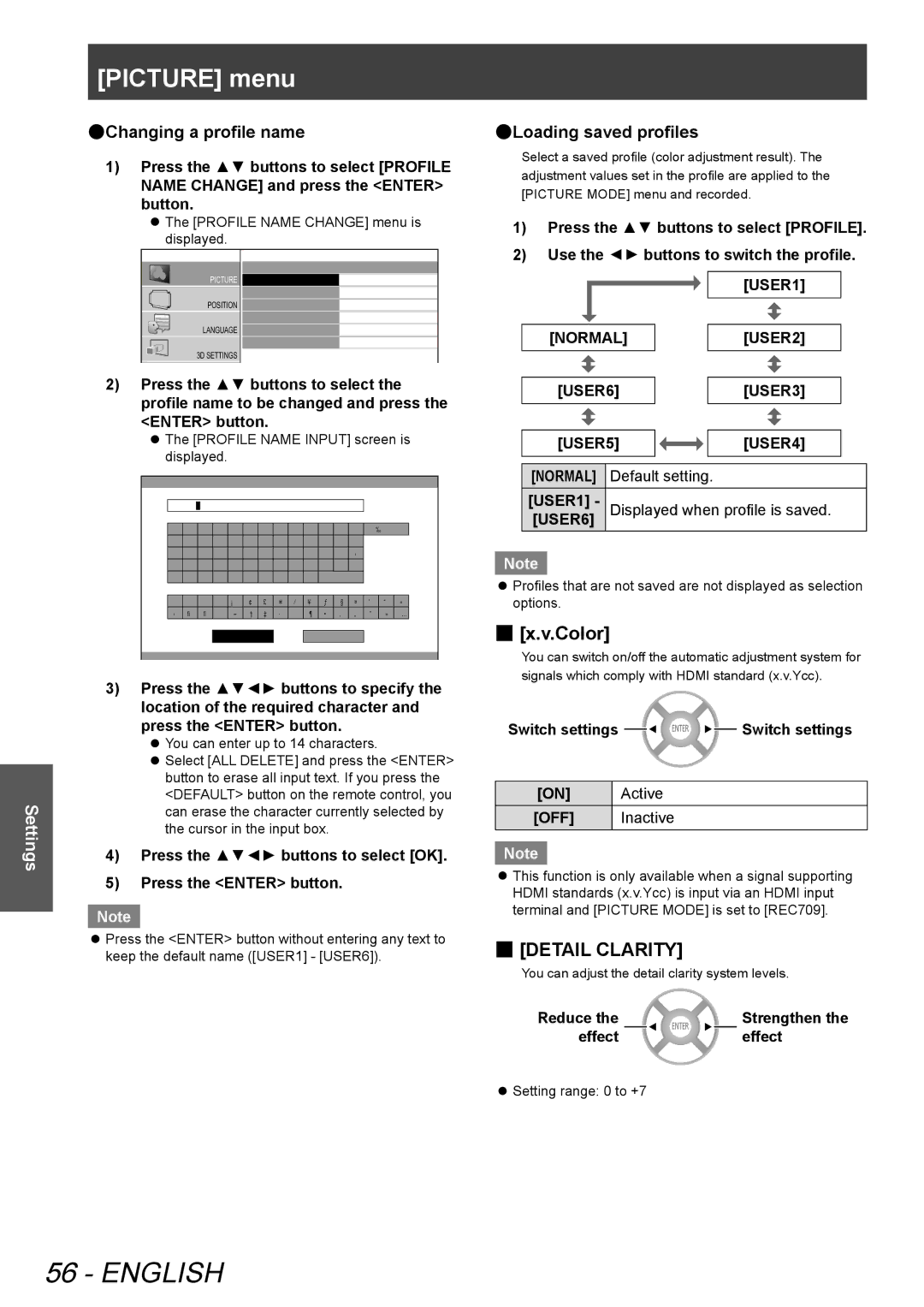 Panasonic PTAE8000U, PT-AE8000U manual Color, Detail Clarity, Changing a profile name, Loading saved profiles 