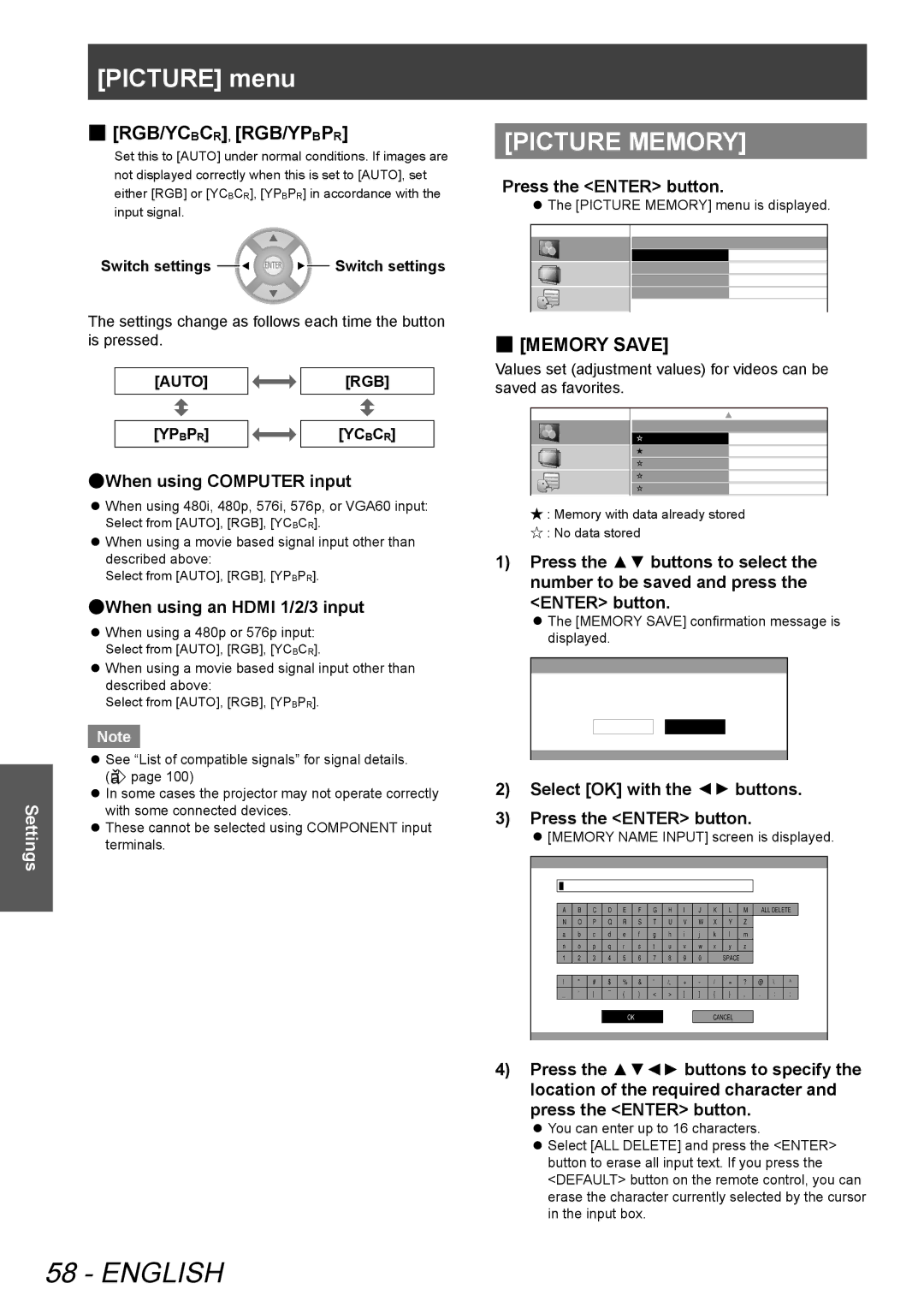 Panasonic PTAE8000U, PT-AE8000U manual Picture Memory, Rgb/Ycbcr, Rgb/Ypbpr, Memory Save, When using Computer input 