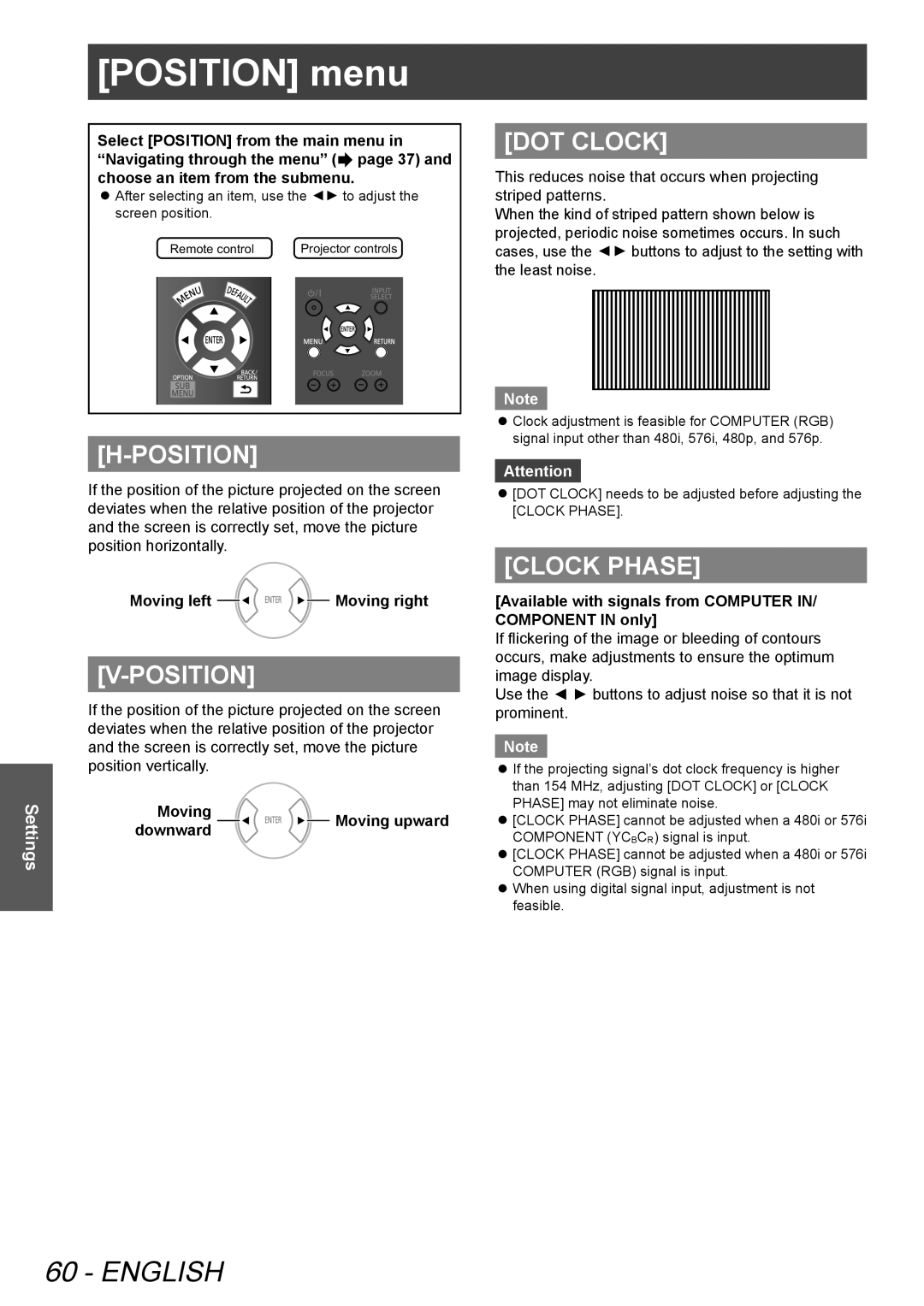 Panasonic PTAE8000U, PT-AE8000U manual POSITIONmenu menu, DOT Clock, Position, Clock Phase 