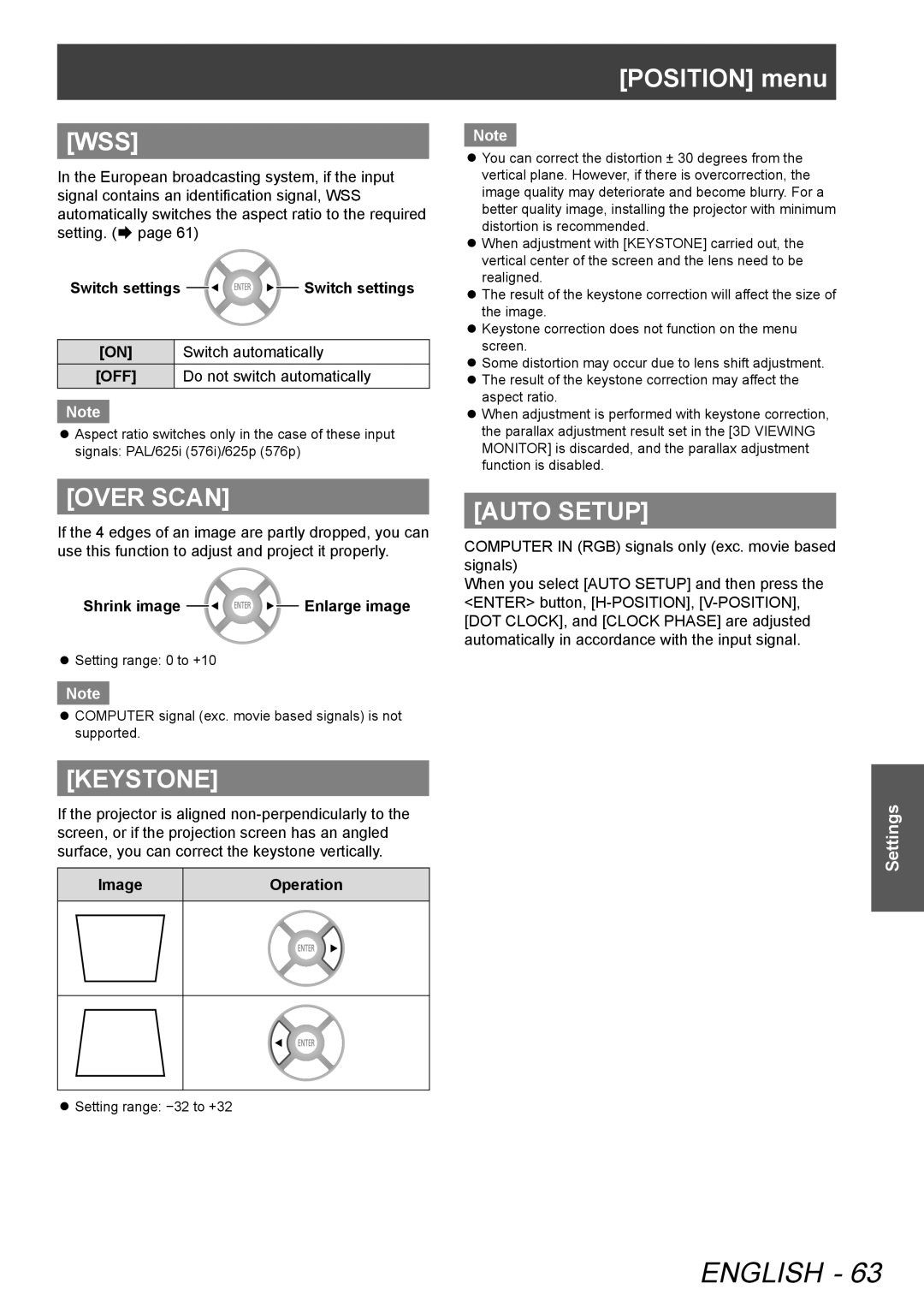 Panasonic PT-AE8000U, PTAE8000U manual Wss, Over Scan, Keystone, Auto Setup 