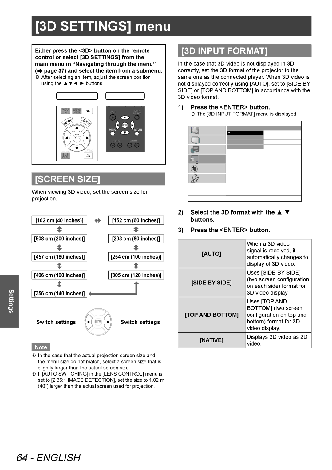 Panasonic PTAE8000U, PT-AE8000U manual 3DSETTINGSmenu menu, Screen Size, 3D Input Format, Side by Side, Native 