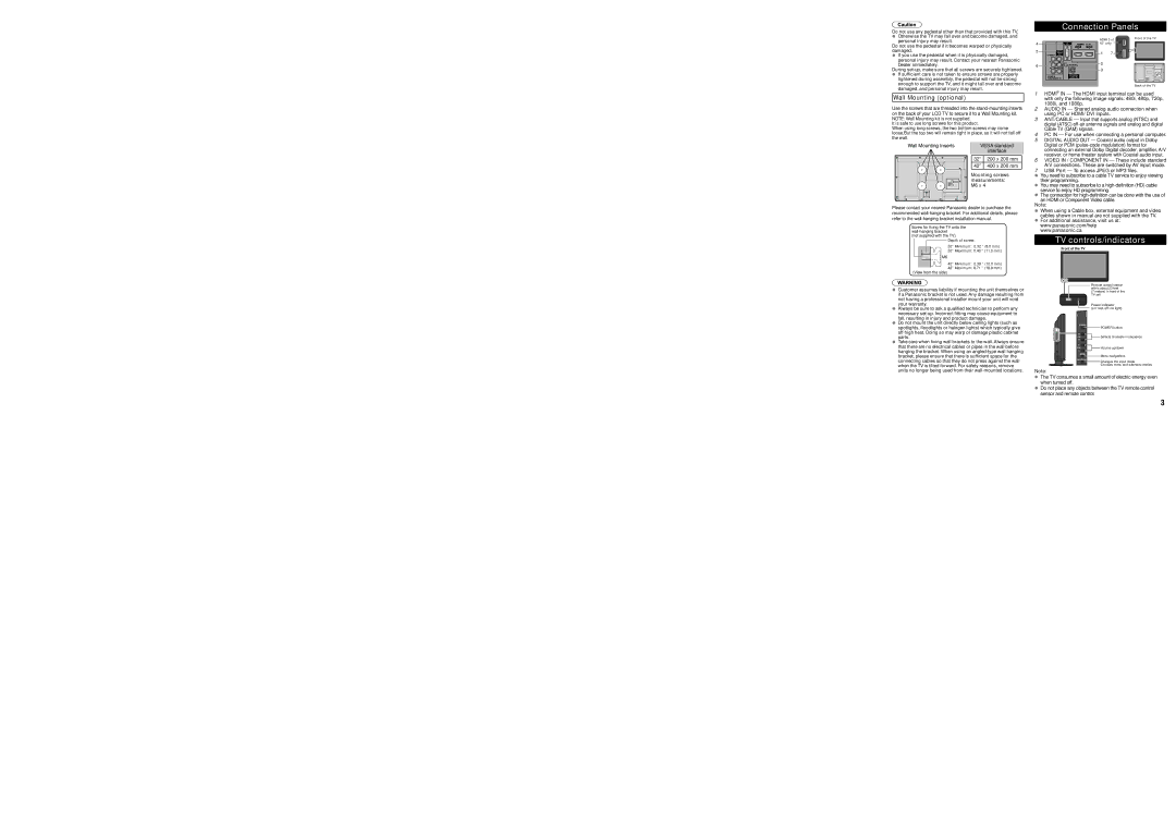 Panasonic TC-L42U5, PTAE8000U, TC-32LC54 Connection Panels, TV controls/indicators, Mounting screws, Measurements, M6 x 