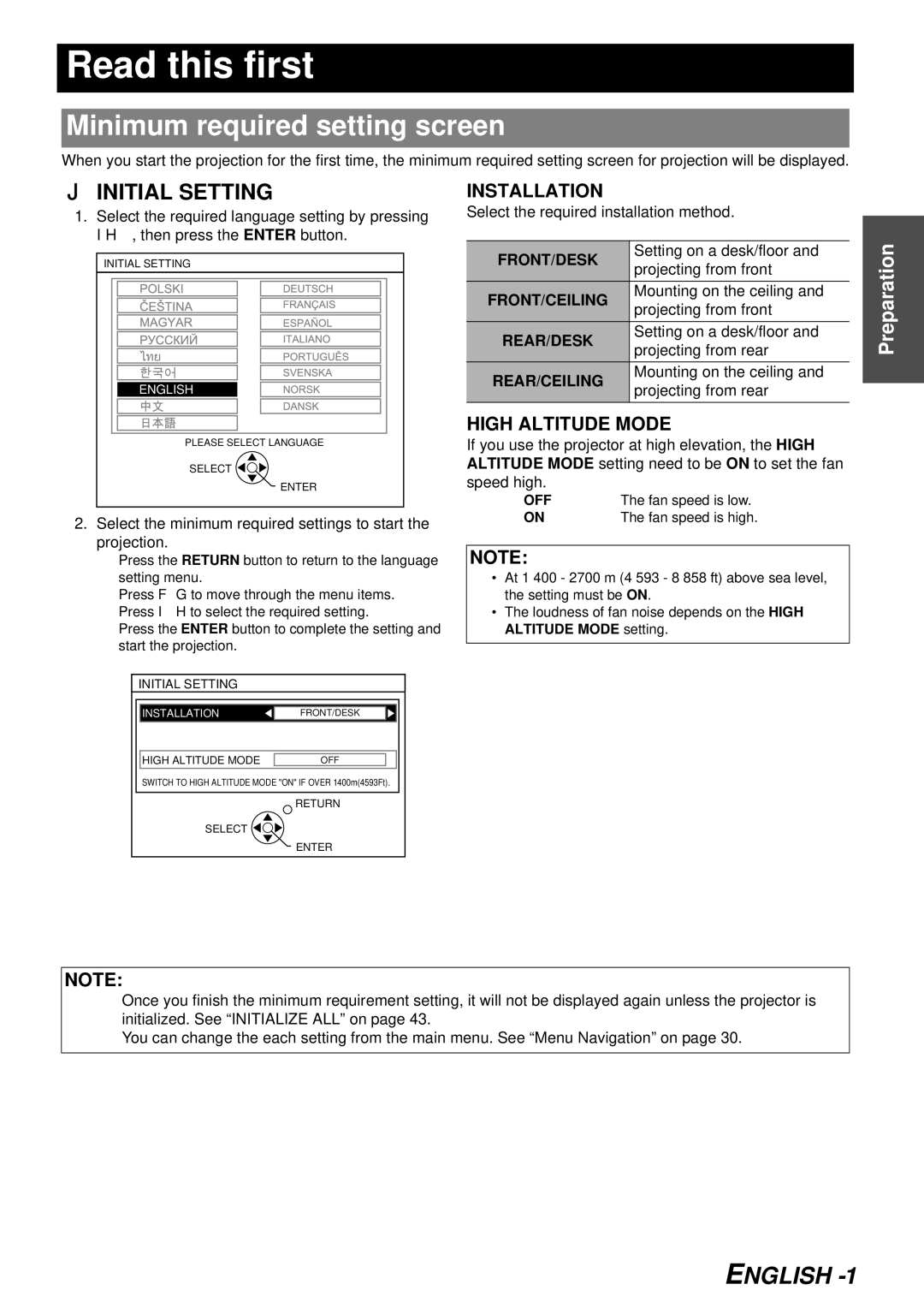 Panasonic PT-F300U, PTF300NTU manual Read this first, Minimum required setting screen 