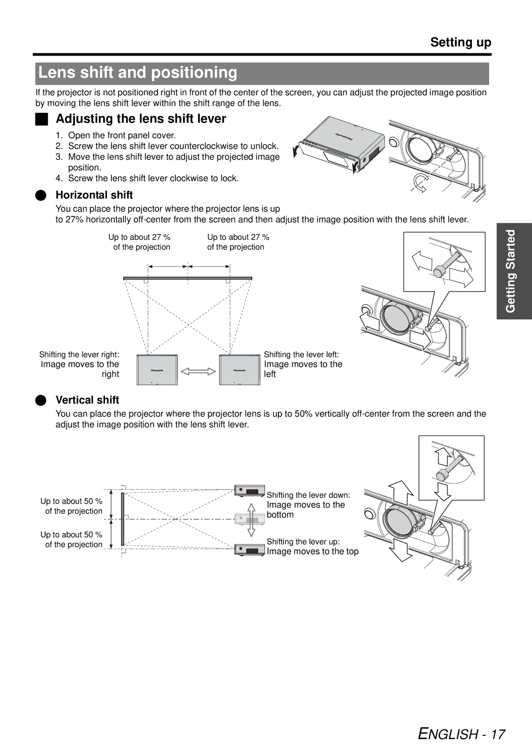 Panasonic PT-F300U, PTF300NTU Lens shift and positioning, Adjusting the lens shift lever, Horizontal shift, Vertical shift 