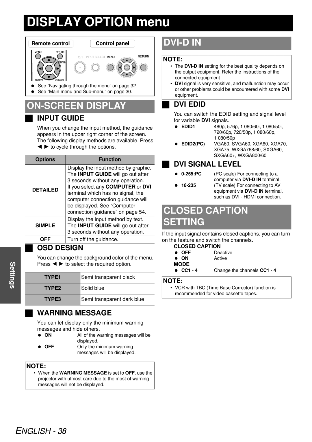 Panasonic PTF300NTU, PT-F300U manual Display Option menu, Dvi-D, ON-SCREEN Display, Closed Caption Setting 