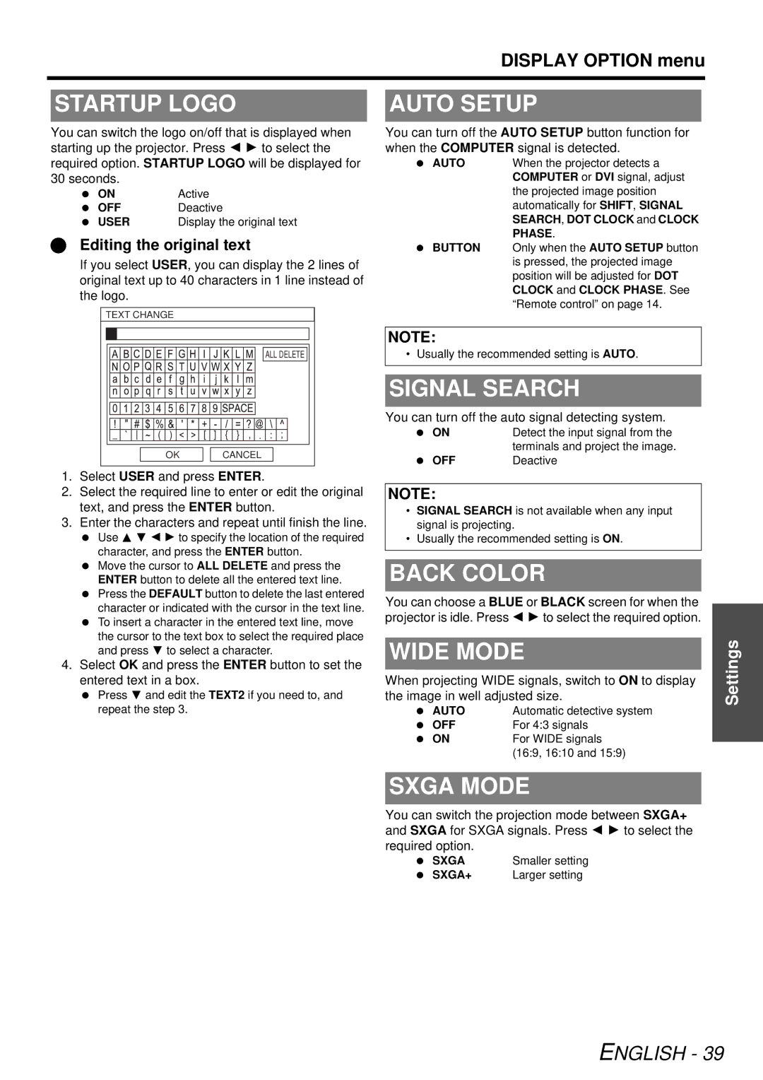 Panasonic PT-F300U, PTF300NTU manual Startup Logo, Auto Setup, Signal Search, Back Color, Wide Mode, Sxga Mode 