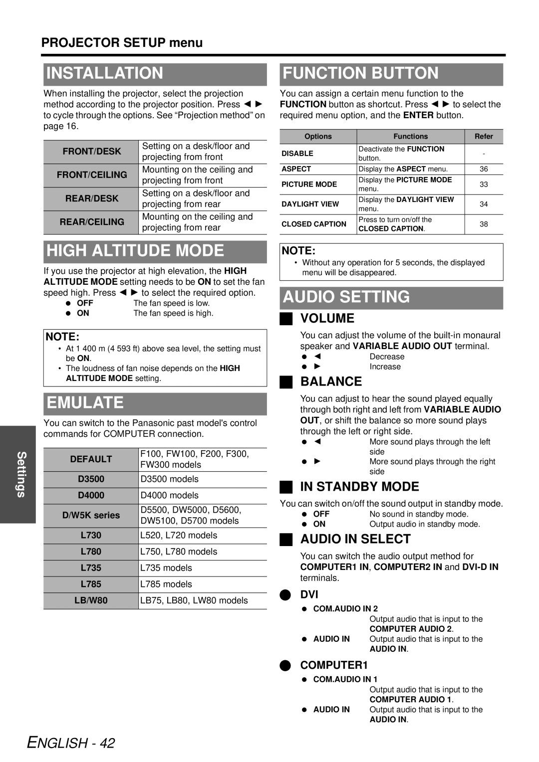 Panasonic PTF300NTU, PT-F300U manual Installation, Function Button, High Altitude Mode, Emulate, Audio Setting 