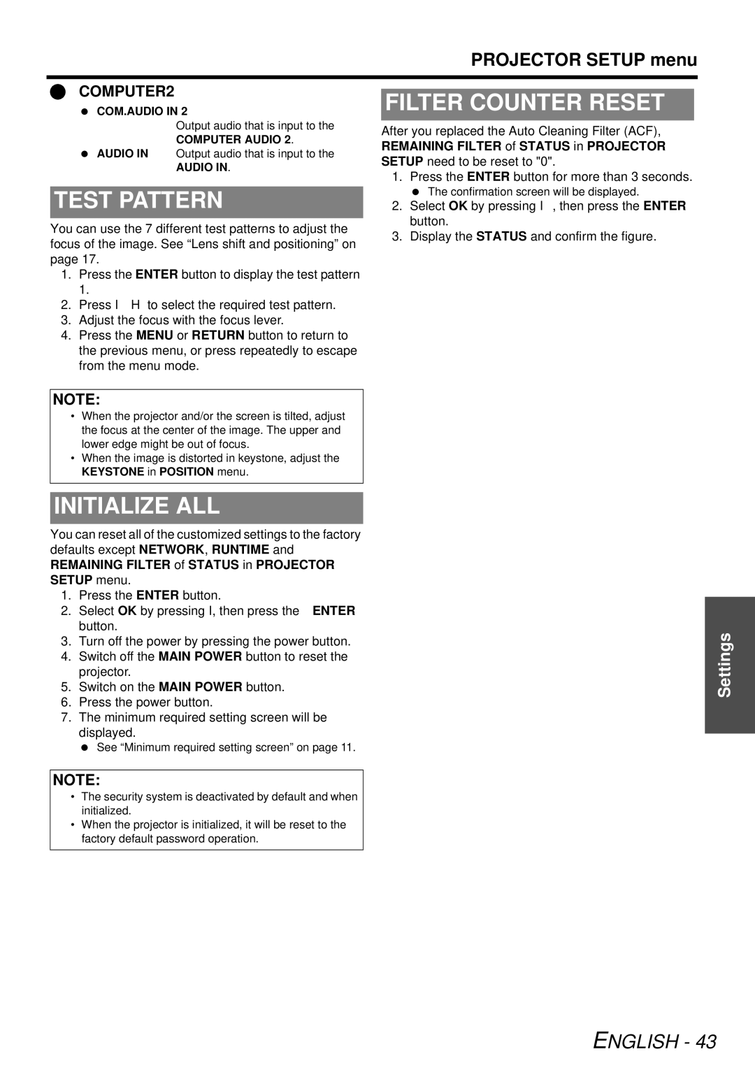 Panasonic PT-F300U, PTF300NTU Filter Counter Reset, Test Pattern, Initialize ALL, Remaining Filter of Status in Projector 