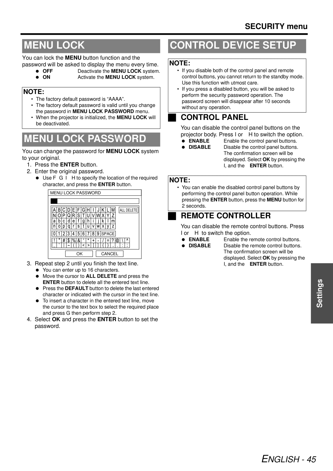 Panasonic PT-F300U, PTF300NTU manual Menu Lock Password, Control Device Setup, Security menu 