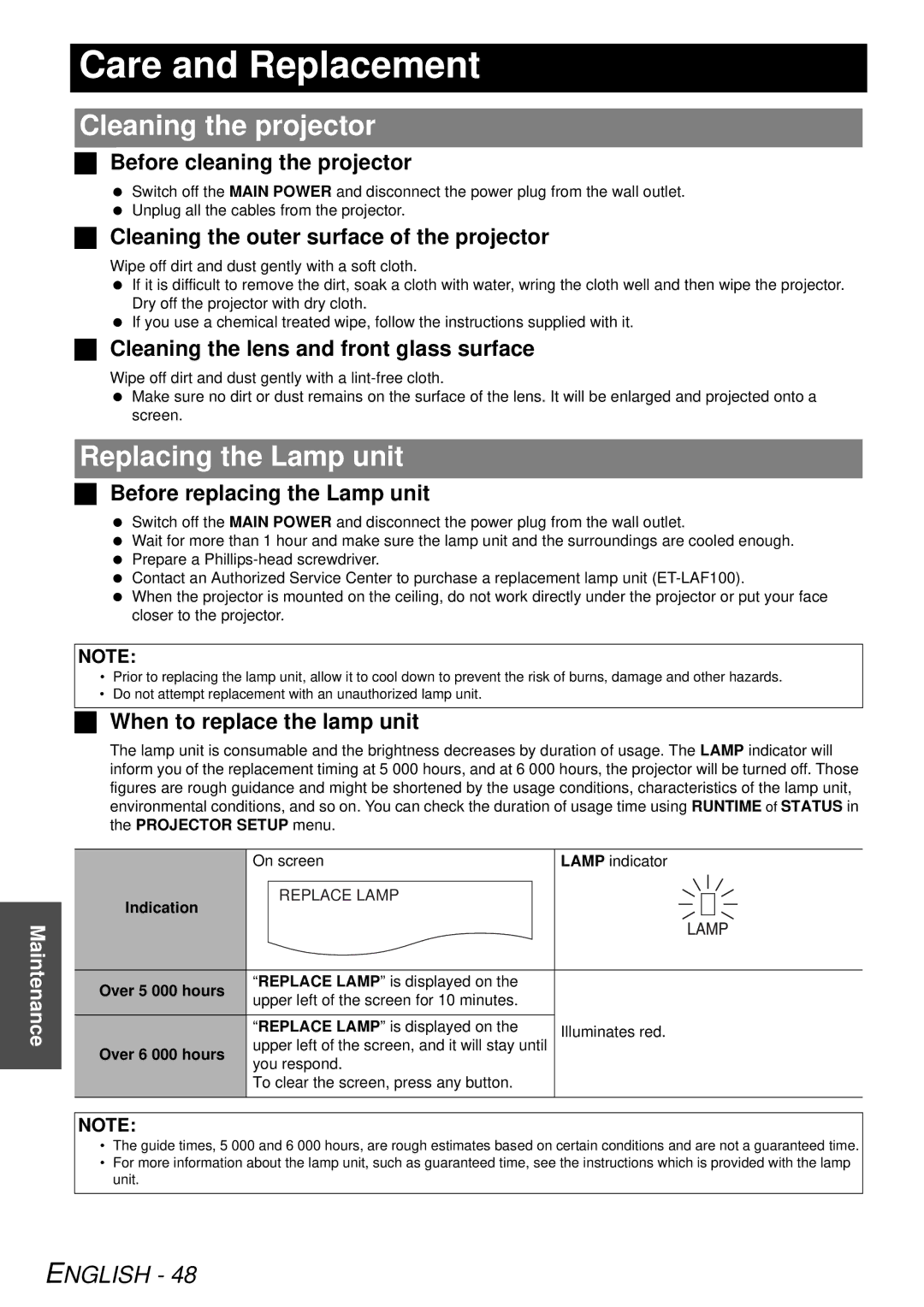 Panasonic PTF300NTU, PT-F300U manual Care and Replacement, Cleaning the projector, Replacing the Lamp unit 