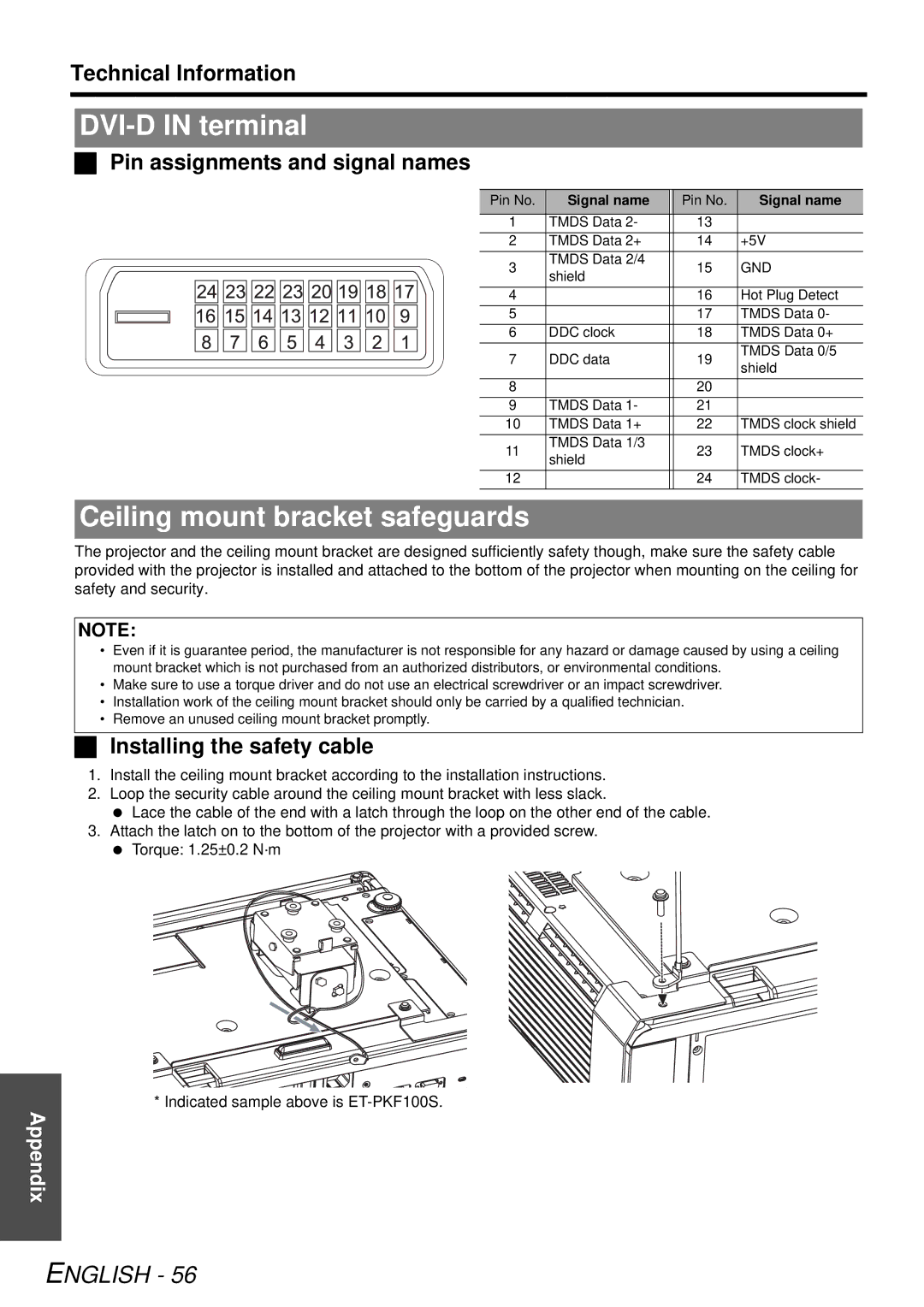 Panasonic PTF300NTU, PT-F300U manual DVI-D in terminal, Ceiling mount bracket safeguards, Installing the safety cable 