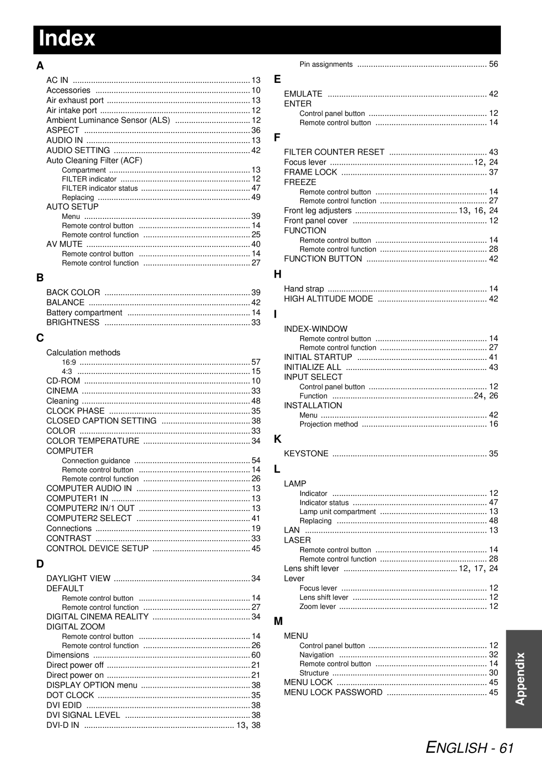 Panasonic PT-F300U, PTF300NTU manual Index, Digital Cinema Reality Digital Zoom 