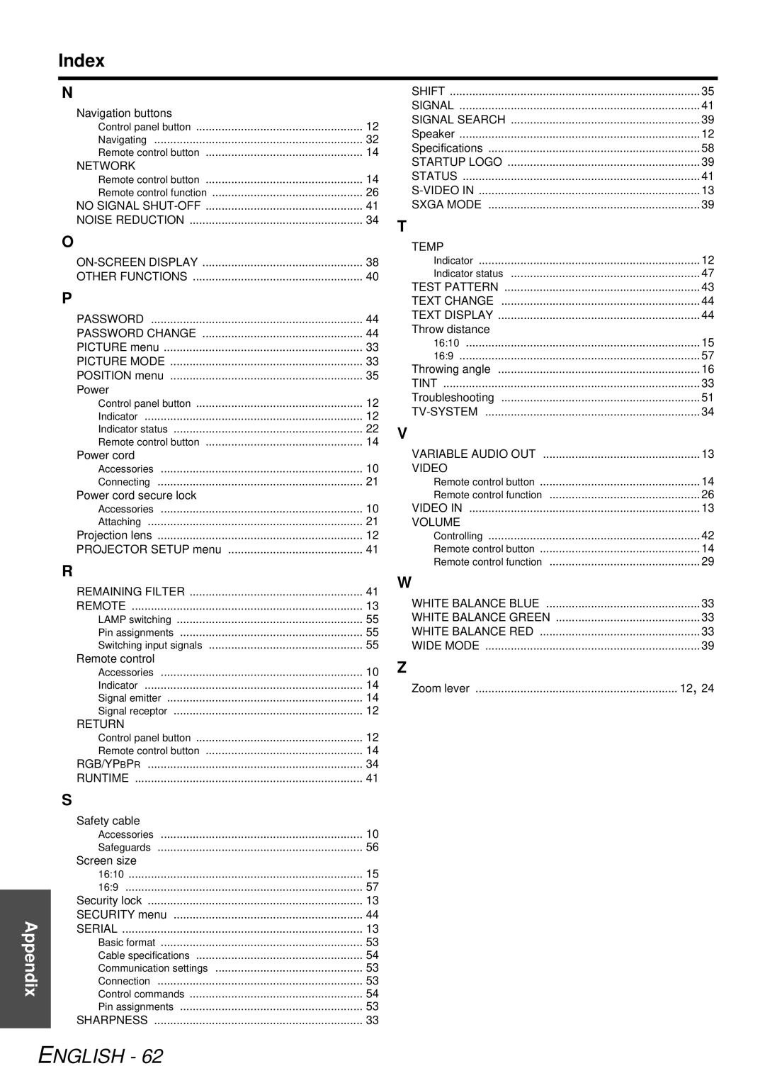 Panasonic PTF300NTU, PT-F300U manual Index, Picture Mode 