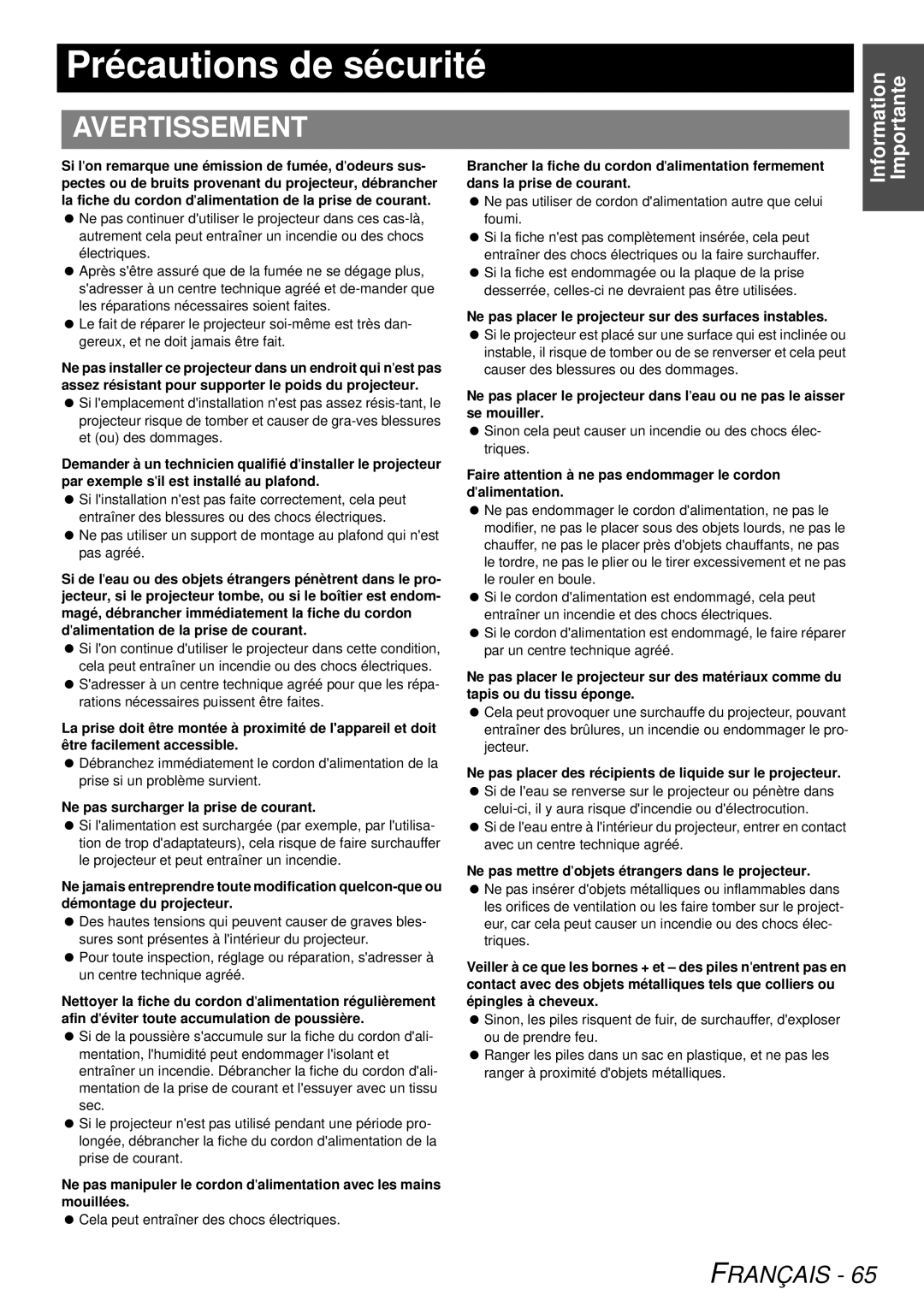 Panasonic PT-F300U, PTF300NTU manual Précautions de sécurité, Avertissement 