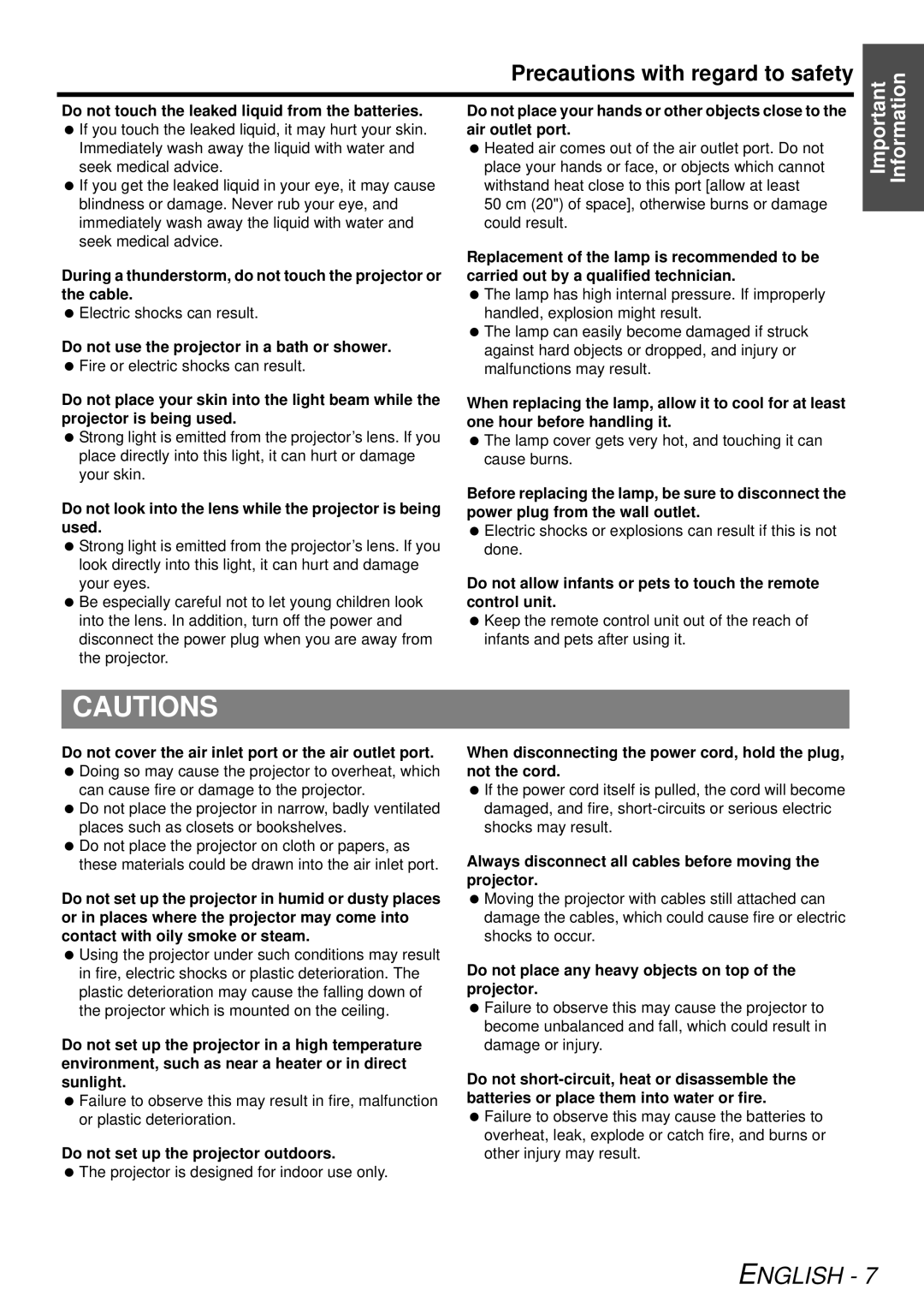 Panasonic PT-F300U manual Precautions with regard to safety, Do not look into the lens while the projector is being used 